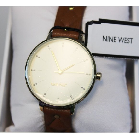 NWT Nine West Brown Leather Gold Colored Watch Women's Analog Business Formal - Picture 4 of 12